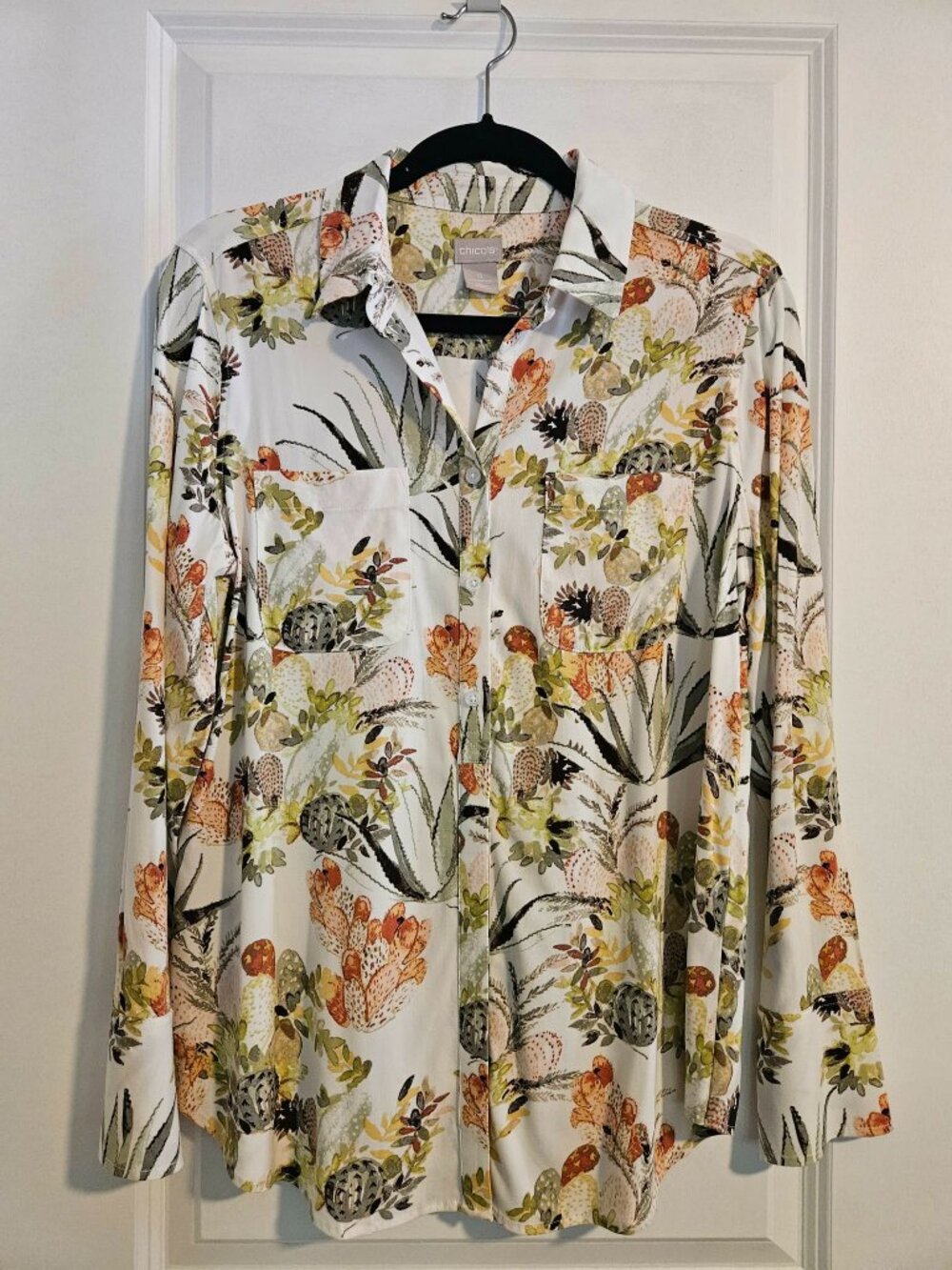 Chico’s Desert Botanical Button Front Shirt Roll Tab Sleeve Size 0/S/4-6